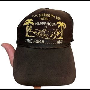 Vintage happy hour old age brown snapback trucker mesh hat cap.